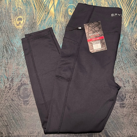 NWT Spyder Active Women's High Rise Tech Fleece Lined Navy Blue Leggings Sz L - Picture 1 of 8